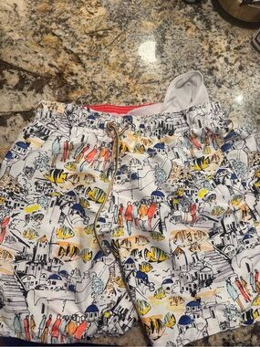 Bugatchi White Swim Trunks with Multicolor Coastal Print